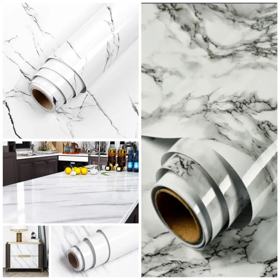 Wallpaper stickers for kitchen, marble foil sheet, wallpaper vinyl sheet, oil proof and waterproof, Wall stickers heat resistant (2 M White and black)
