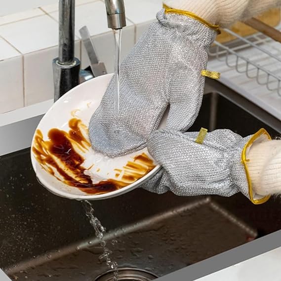 Kitchen Cleaning Dishwashing Silver Silk Glove, Reusable Silver Wire Gloves (Pair)