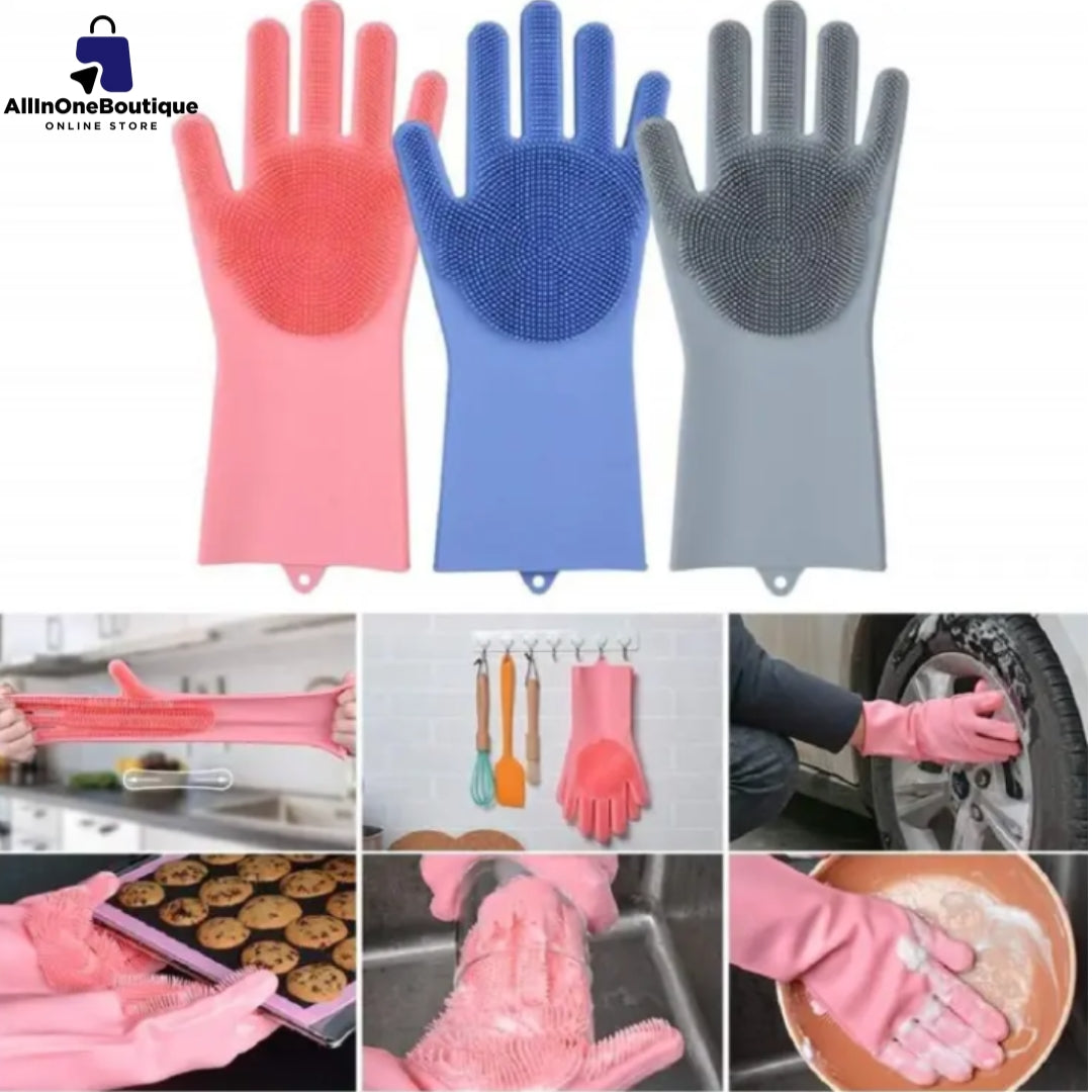 Silicone Reusable Magic Gloves with scrubber for Wash Dish, Car Washing, Kitchen, Bathroom Multipurpose Usage (Pack of 2)