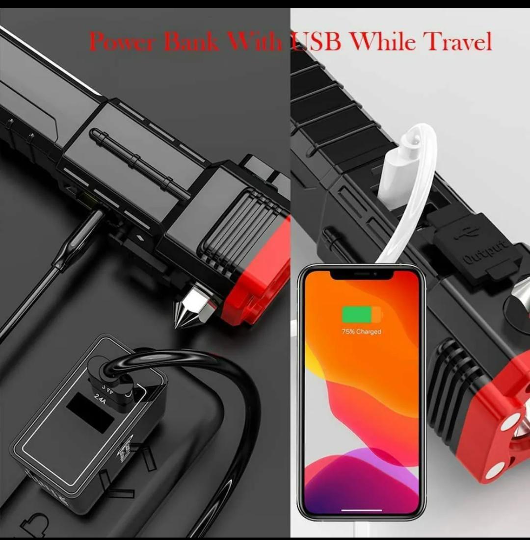 Multi-Function Emergency Hammer Flashlight With Power Bank, Window Breaker, Seat Belt Cutter