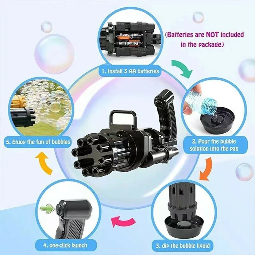 Gatling Bubbles Gun Blaster bbBubble Makker Bettary Operated Toy for Kids