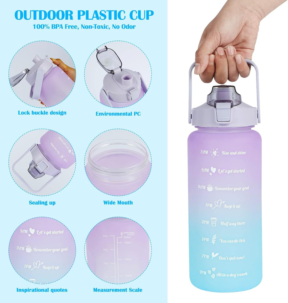 3pcs Water Bottle with Straw 2 Liter Water Bottle and Portable Bottle BPA Free Titan Drinks Bottle Leakproof