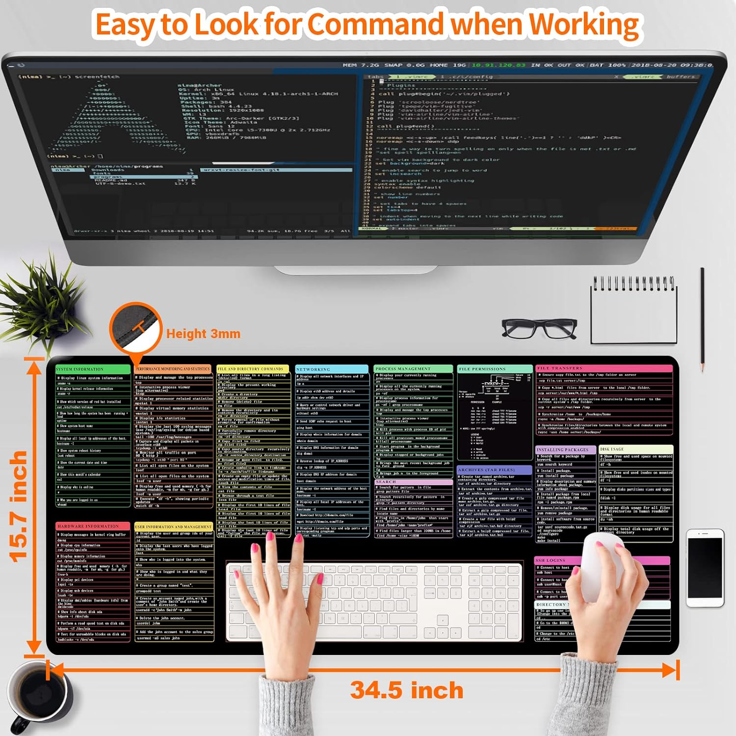 Non-Slip Rectangle Mousepad, WIRESTER Shortcut Keys Mouse Pad for Home, Office and Gaming Desk