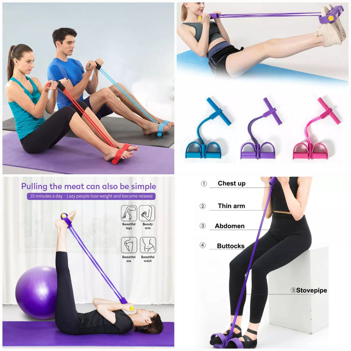 Tummy Trimmer- Foot Pedal Resistance Band Elastic Sit-up Pull Rope Yoga Fitness Gym – Elastic Pull Ropes Tummy Trimmer (random Colors)