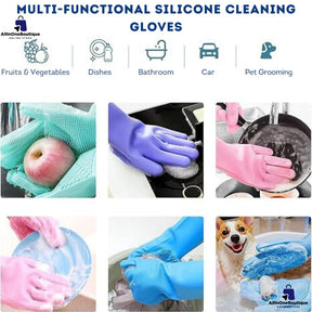 Silicone Reusable Magic Gloves with scrubber for  Wash Dish, Car Washing, Kitchen, Bathroom Multipurpose Usage (Pack of 2)
