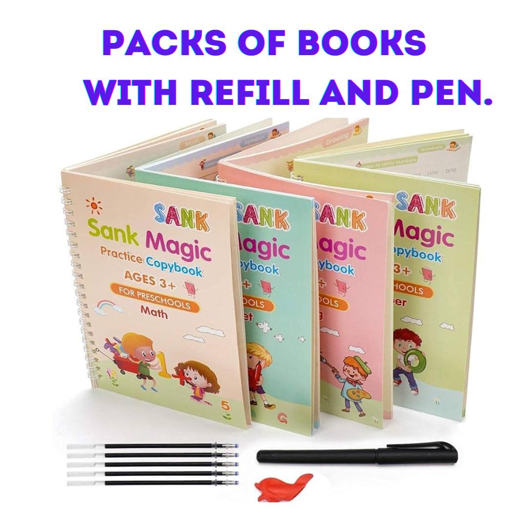 4 Pc Magic Writing Books for Kids, Magic Groove Practice Copybook, Reusable Grooved Handwriting Workbooks.