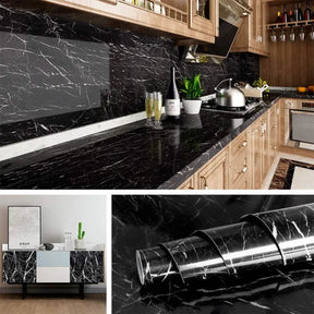 Wallpaper stickers for kitchen, marble foil sheet, wallpaper vinyl sheet, oil proof and waterproof, Wall stickers heat resistant (2 M White and black)