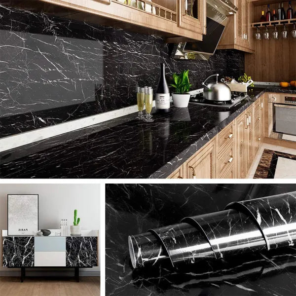 Wallpaper stickers for kitchen, marble foil sheet, wallpaper vinyl sheet, oil proof and waterproof, Wall stickers heat resistant (2 M White and black)